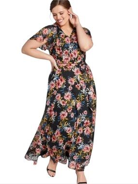 Lane Bryant Floral Black Flutter Textured Maxi Dress